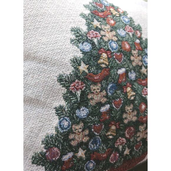 CHRISTMAS Tree Holiday Pillow Tapestry Teddy Bear Print Green Cloth Backing 16" - Picture 3 of 6